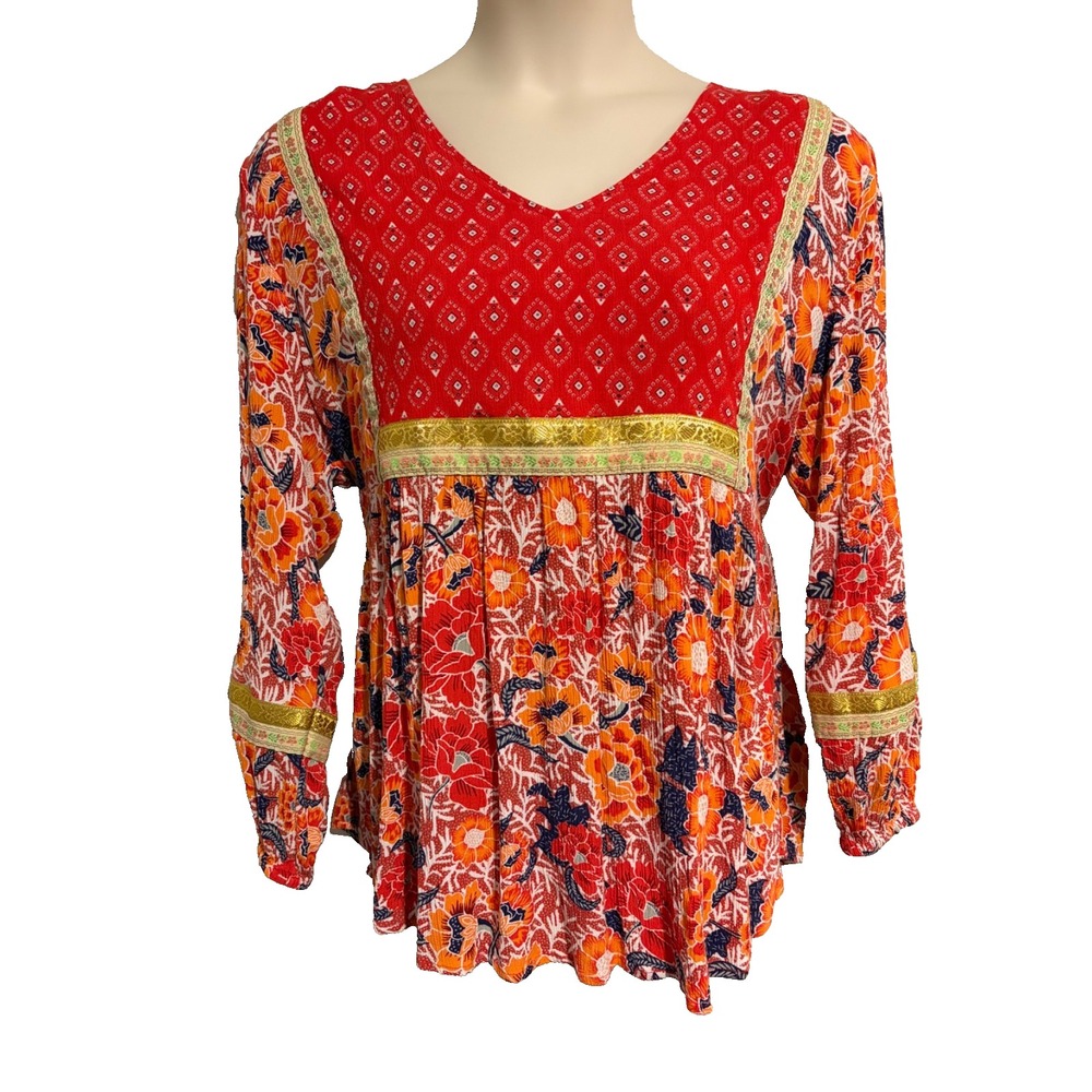 Cynthia Rowley Patchwork Tunic Blouse ~2X~Red Prints Ribbon Detail Tie Back BOHO